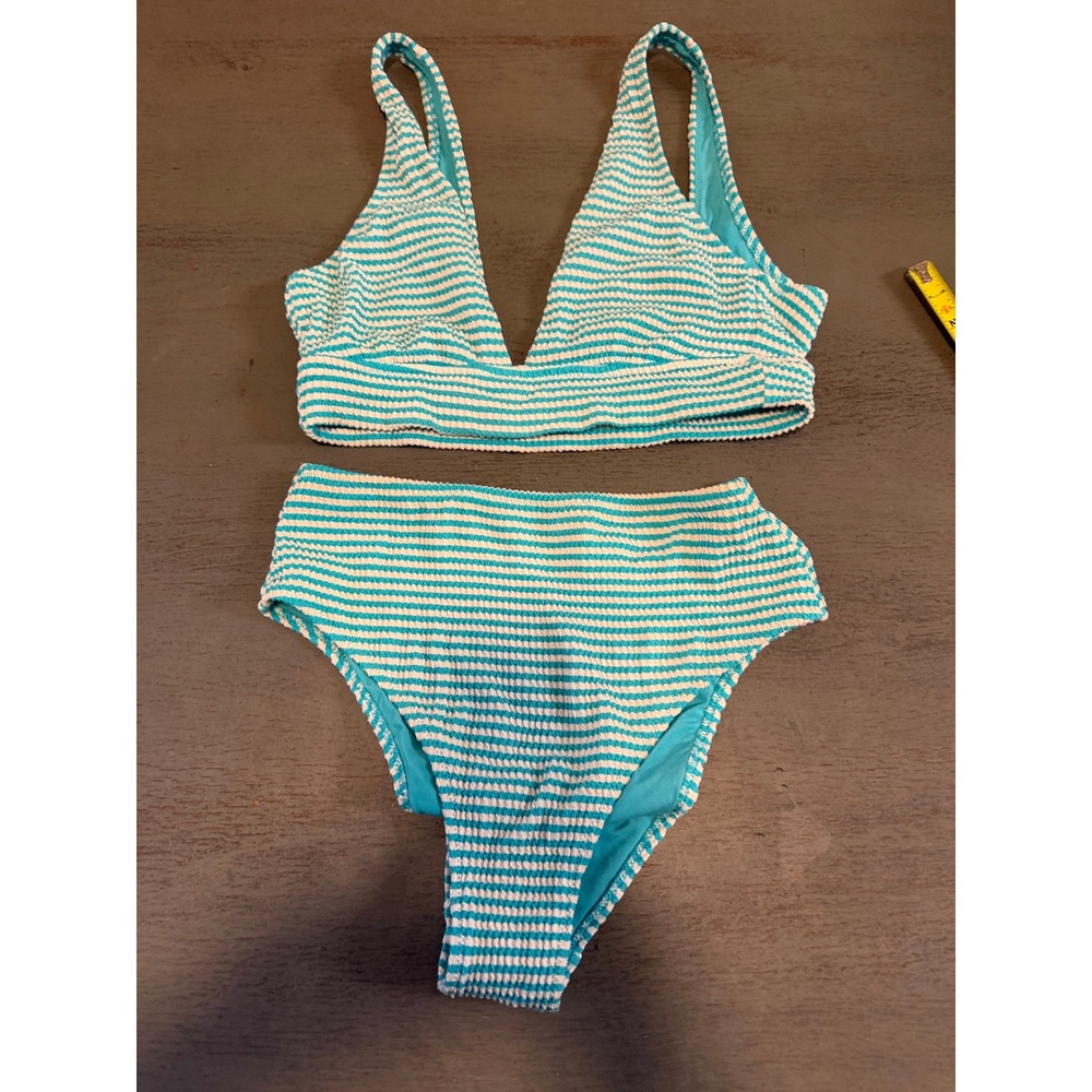 Aerie Real Good Teal White Striped Seersucker Bikini Set Top S Bottom M